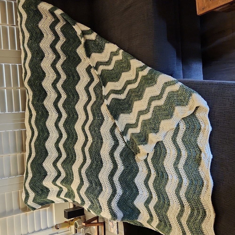 Handmade Afghan Blanket Green & Cream